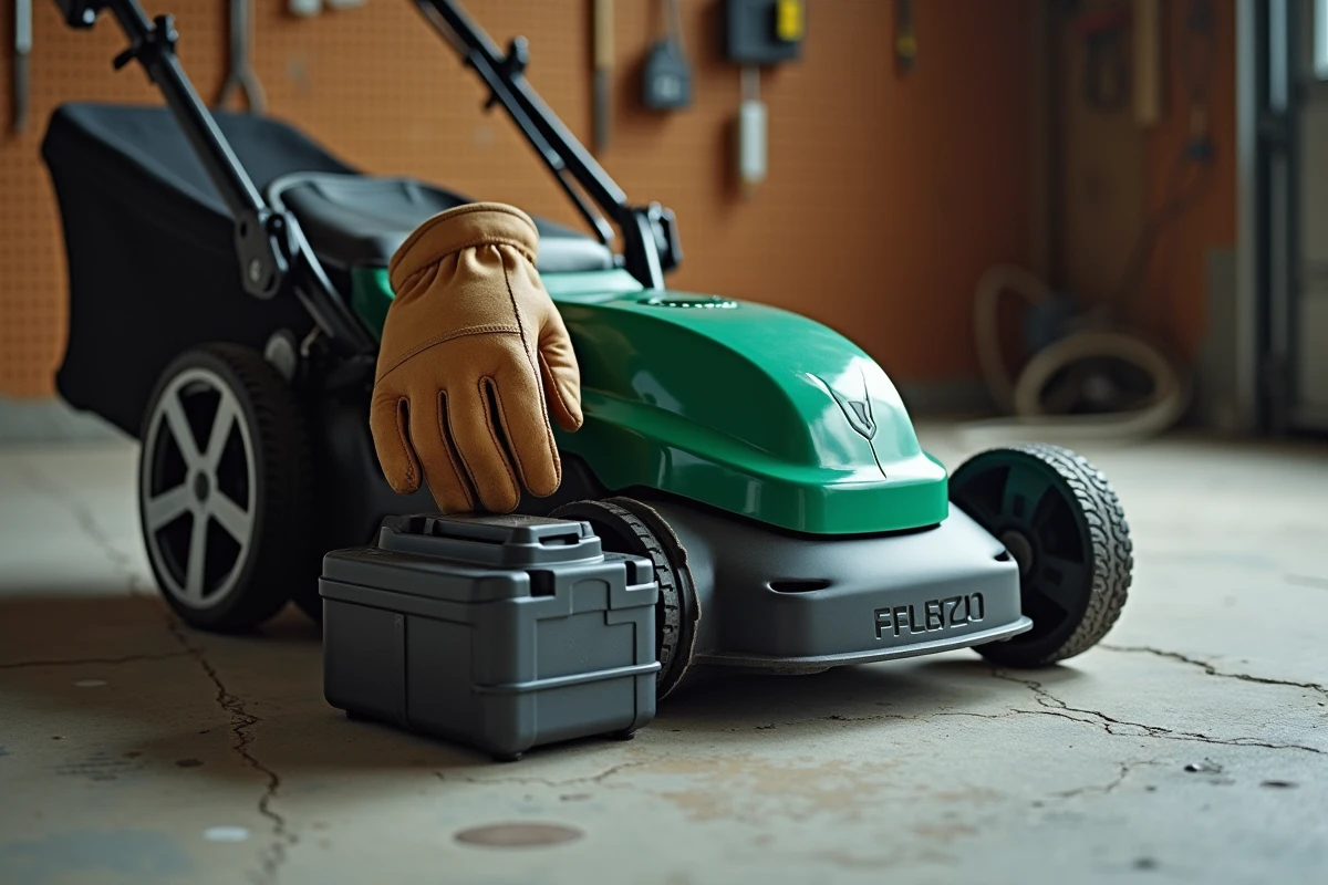 Gros plan d'une tondeuse électrique avec batterie amovible dans un garage