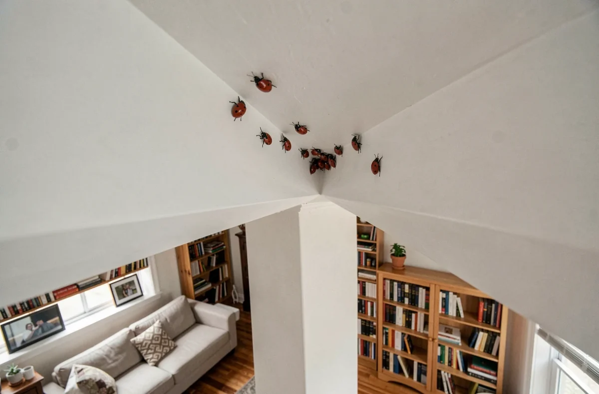 Groupe de coccinelles regroupées dans un coin de plafond d'un salon en hiver, comportement d'agrégation naturel