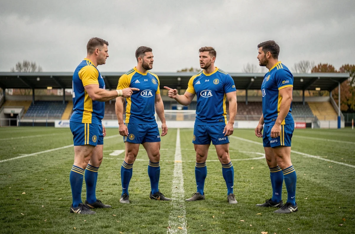 Groupe de joueurs de rugby de l'ASM Clermont en discussion tactique sur le terrain d'entraînement, évoquant la dynamique d'équipe lors des périodes de transferts