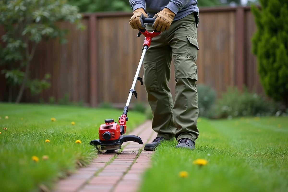 Homme utilisant un coupe-bordure thermique le long d'une allée de jardin en brique