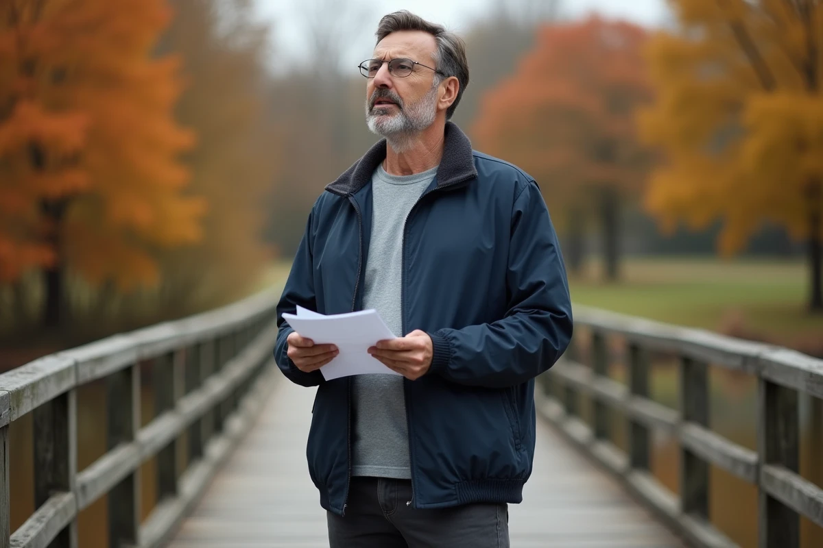 Homme debout sur un pont en bois dans un parc automnal, tenant un document et réfléchissant à une proposition
