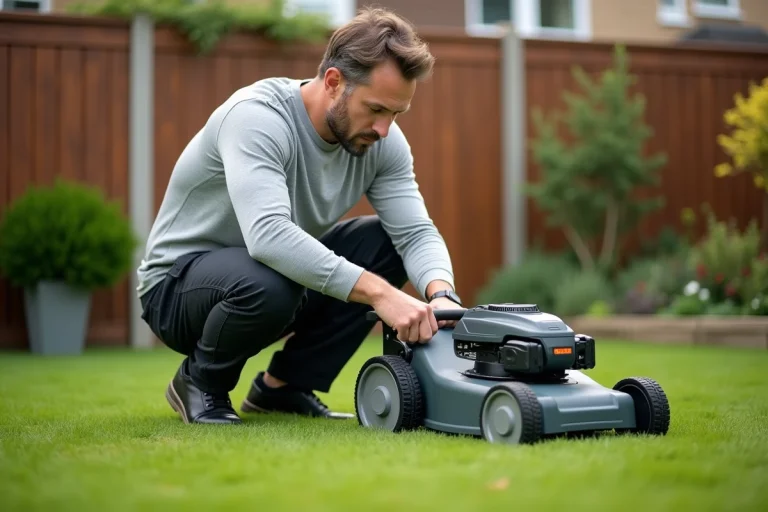 Homme examinant une tondeuse électrique dans un jardin résidentiel bien entretenu