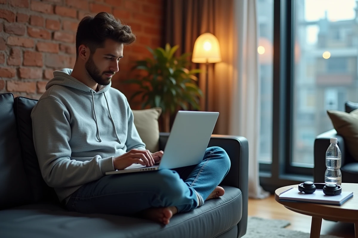 Jeune homme en formation SEO en ligne sur son canapé avec un ordinateur portable affichant Google Search Console