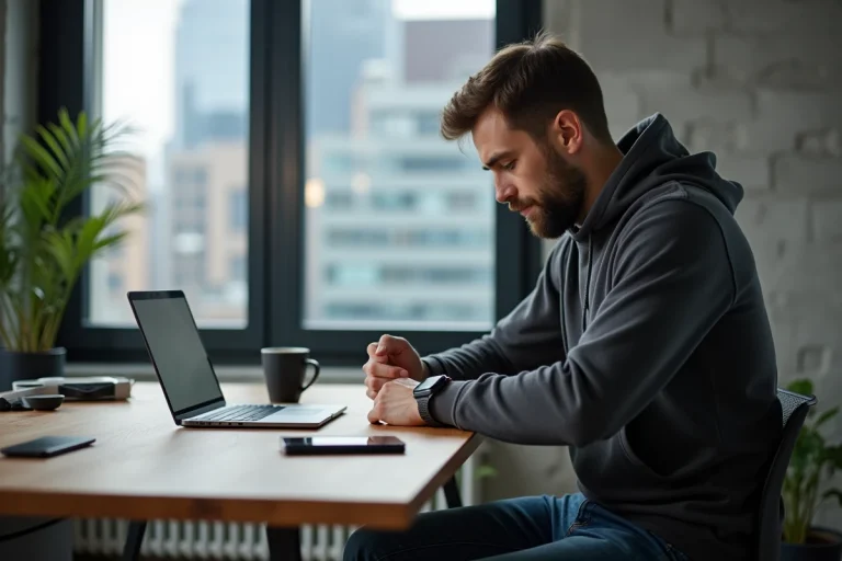 Un homme dans la trentaine explore une montre connectée à son bureau dans un appartement urbain moderne avec des gadgets high-tech autour de lui