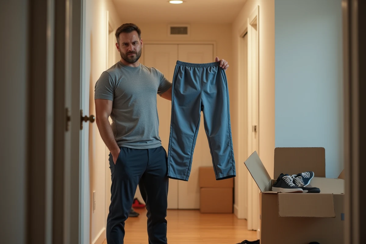 Homme tenant un pantalon retourné dans un couloir