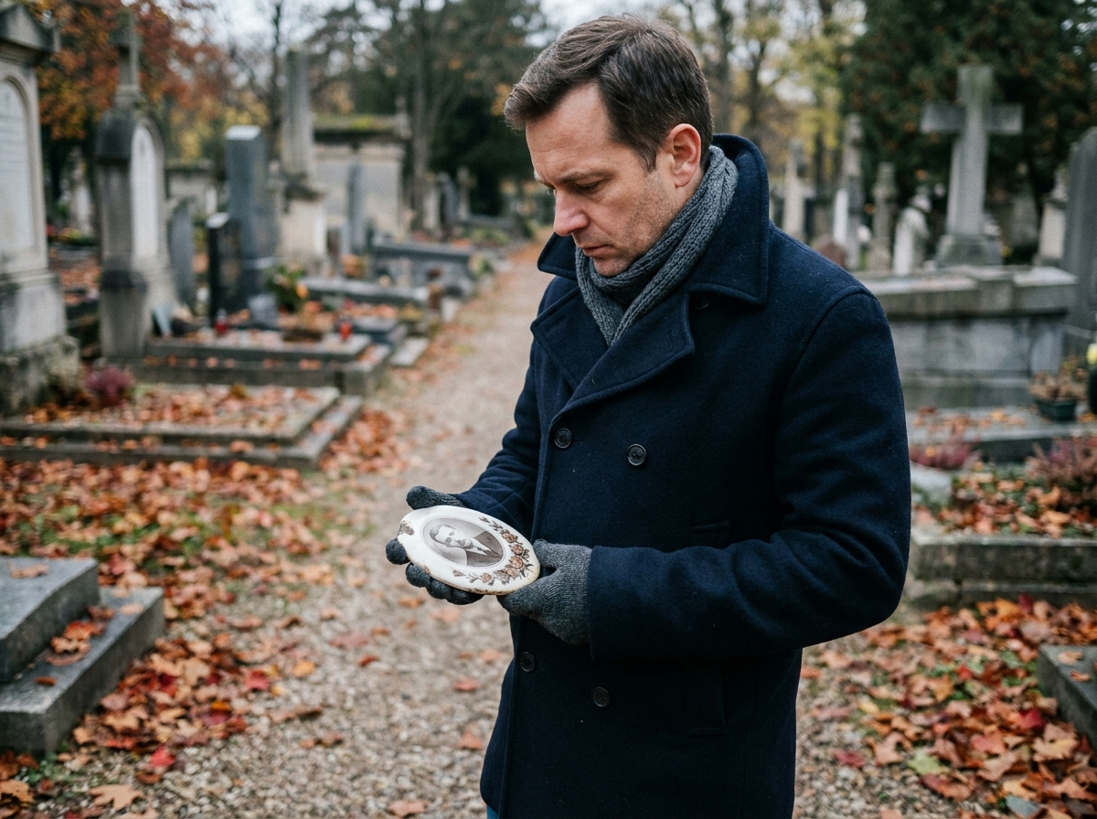 Homme tenant une plaque funéraire en céramique dans un cimetière en automne