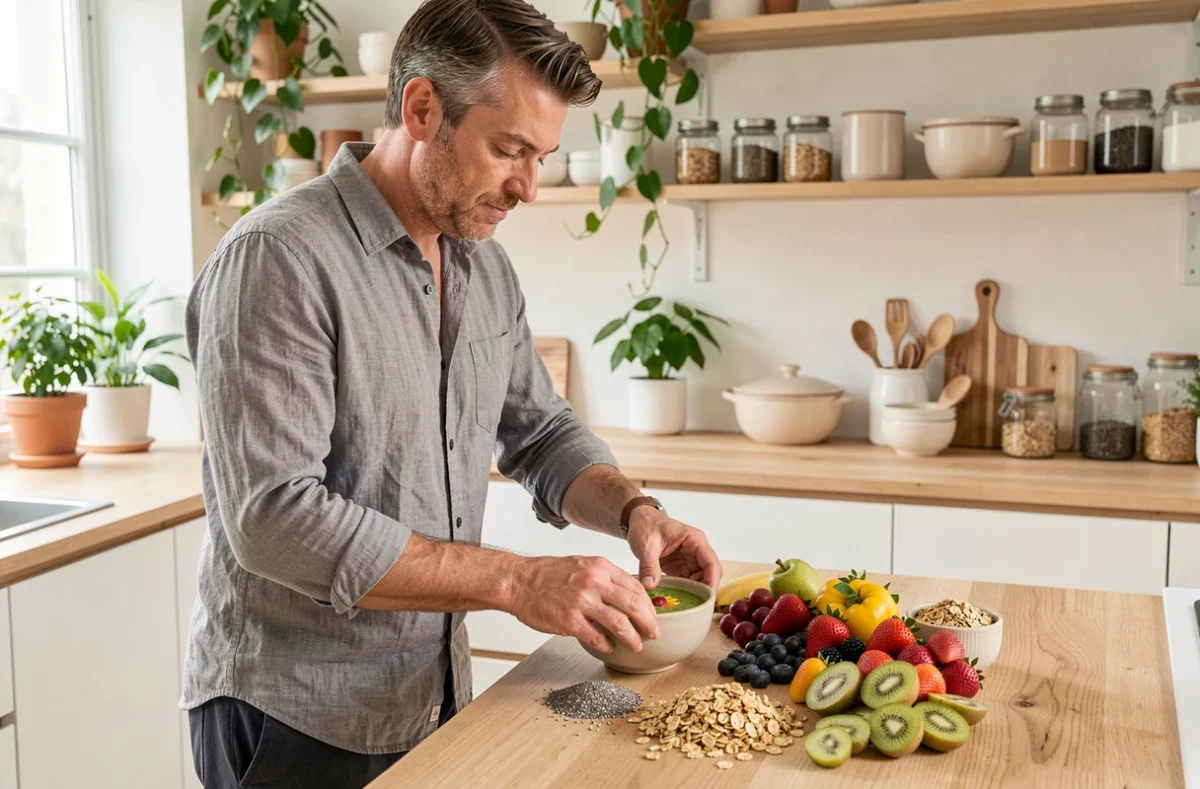Homme préparant un bol de smoothie sain dans une cuisine scandinave moderne, tendances alimentation bien-être