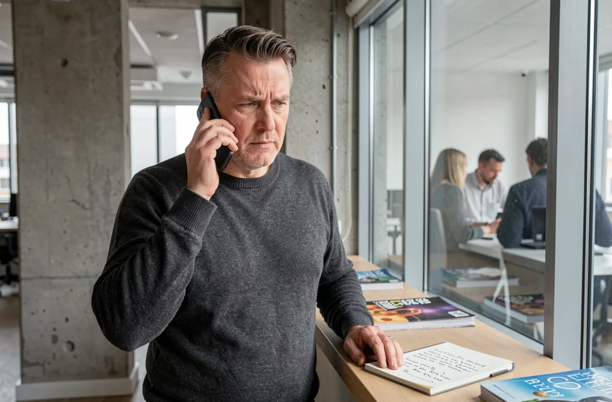 Homme en pull gris téléphonant debout dans un bureau moderne pour joindre une rédaction scientifique avec ses notes à portée de main