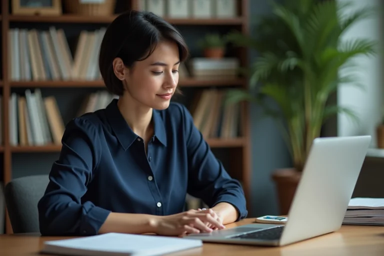 Femme remplissant un formulaire d'inscription administratif sur un ordinateur portable dans un bureau à domicile