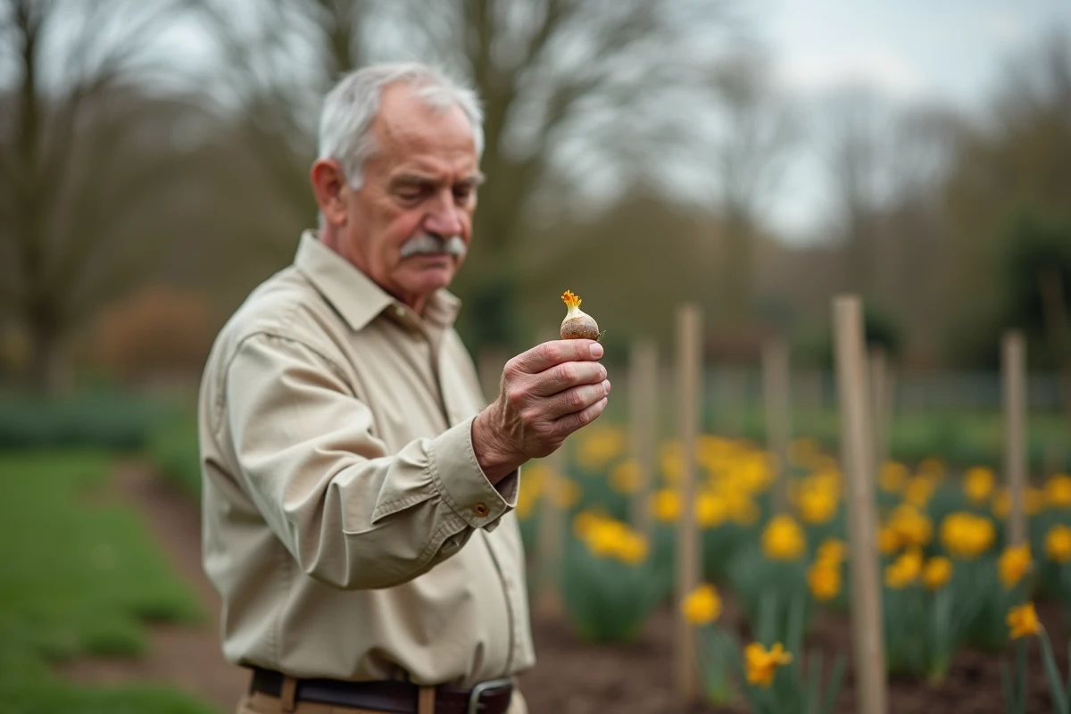 Jardinier âgé examinant un bulbe de jonquille après la saison de floraison dans un potager