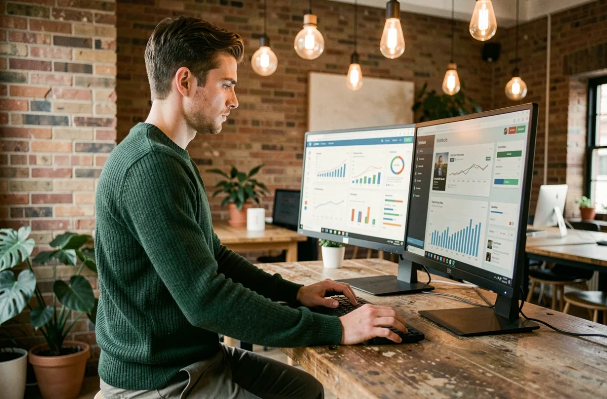 Jeune entrepreneur travaillant sur des tableaux de bord analytiques dans un espace de co-working tendance, secrets du business moderne 2024