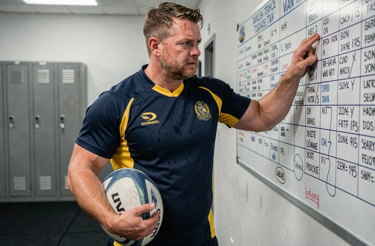 Joueur de rugby professionnel de l'ASM Clermont étudiant un tableau tactique dans une salle d'entraînement, illustrant les enjeux stratégiques des transferts au club