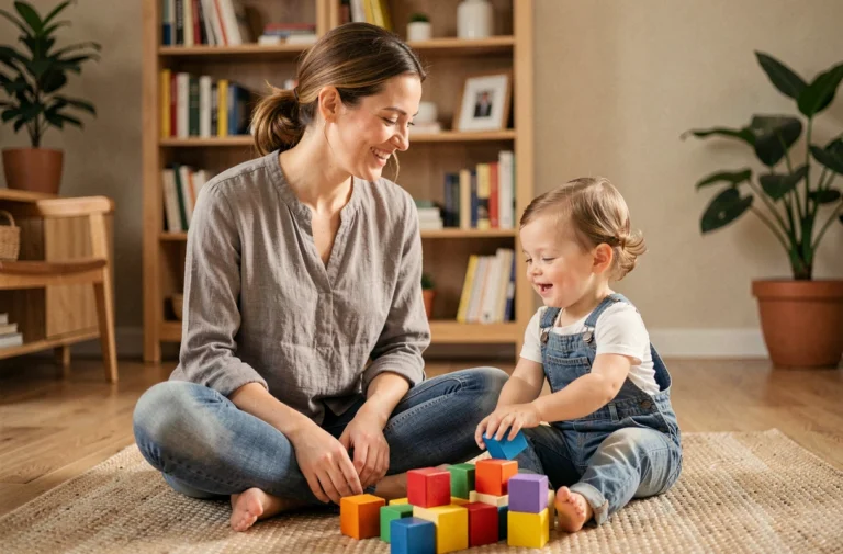 Mère et enfant en bas âge jouant ensemble sur le sol d'un salon familial chaleureux, illustrant l'accompagnement parental au quotidien
