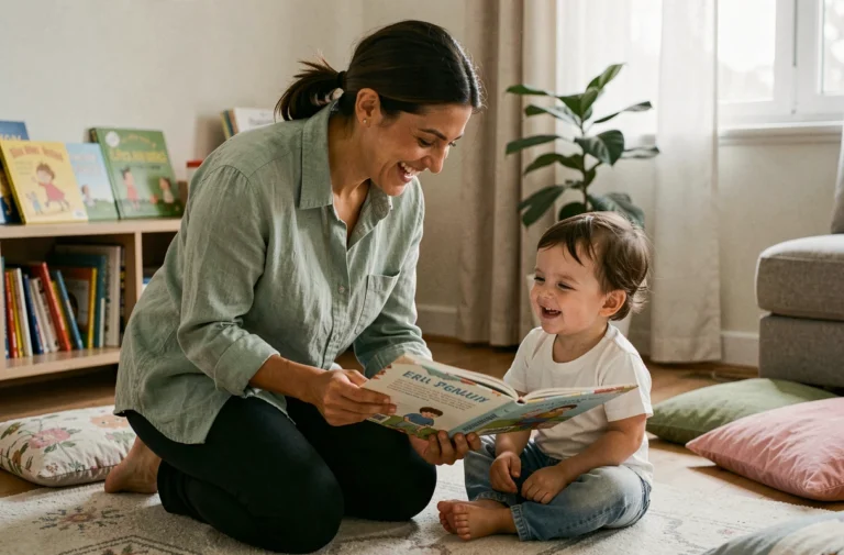 Mère et jeune enfant partageant un moment de lecture joyeux sur un tapis dans un salon familial chaleureux