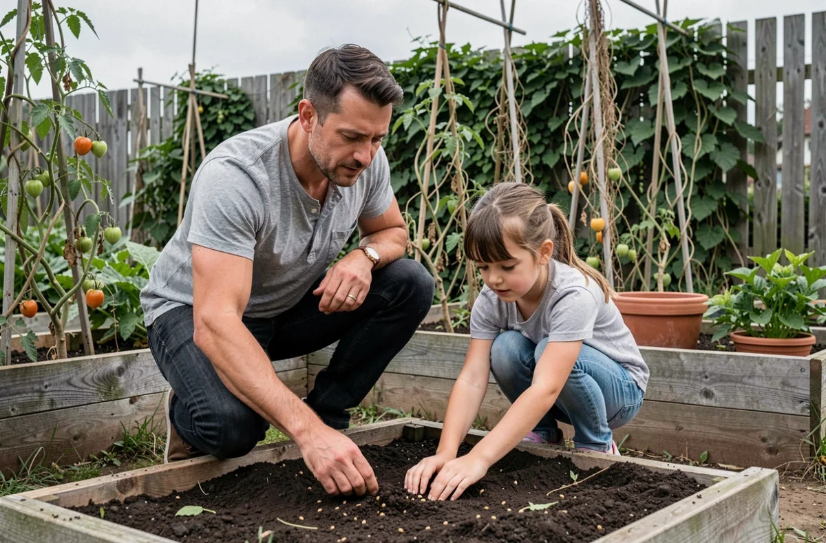 Père et fille jardinent ensemble dans un potager extérieur, renforçant les liens familiaux par l'activité partagée
