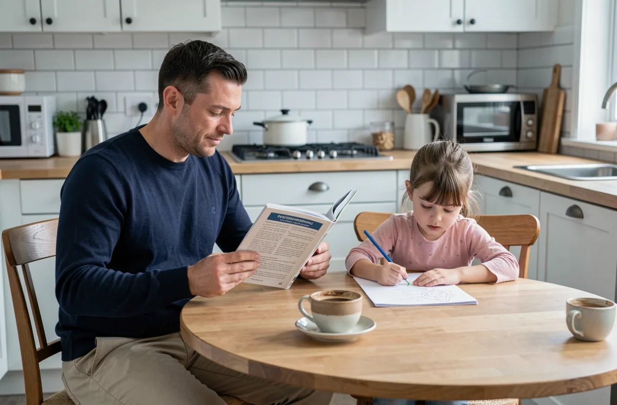 Père lisant un guide de parentalité à la table de cuisine pendant que sa fille dessine à ses côtés, symbolisant les ressources pour les parents