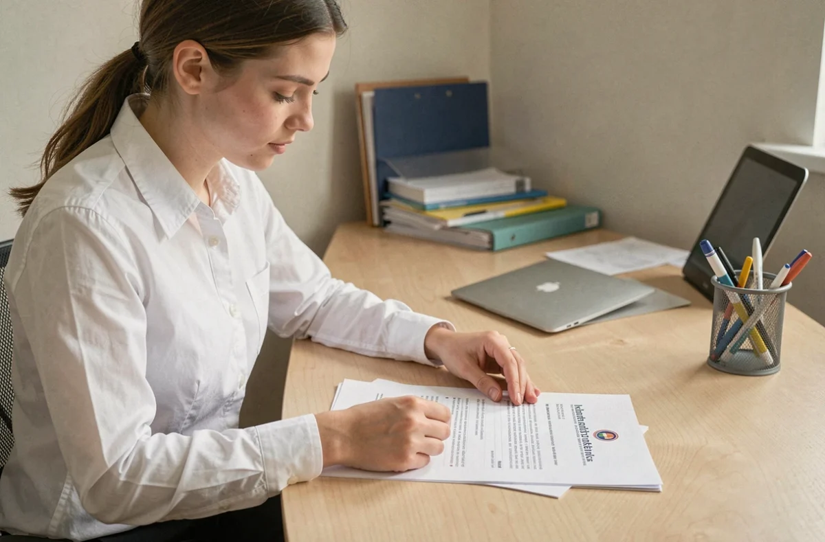 Jeune femme préparant soigneusement la page de garde de son rapport de stage à un bureau en bois minimaliste