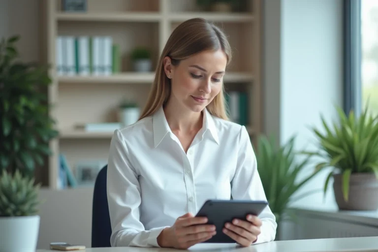 Infirmière en blouse blanche utilisant une tablette dans un bureau médical