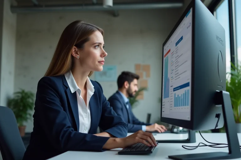 Professionnelle analysant une interface de site web responsive sur un écran incurvé dans un bureau moderne