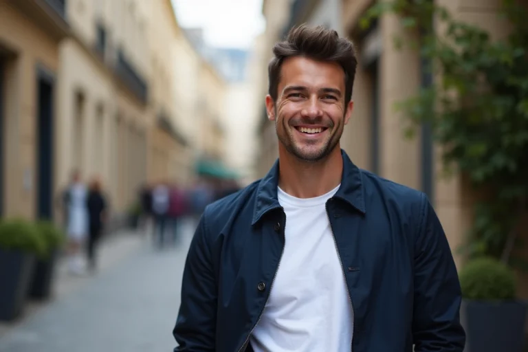 Portrait d'un rappeur algérien souriant en veste navy dans un cadre urbain parisien