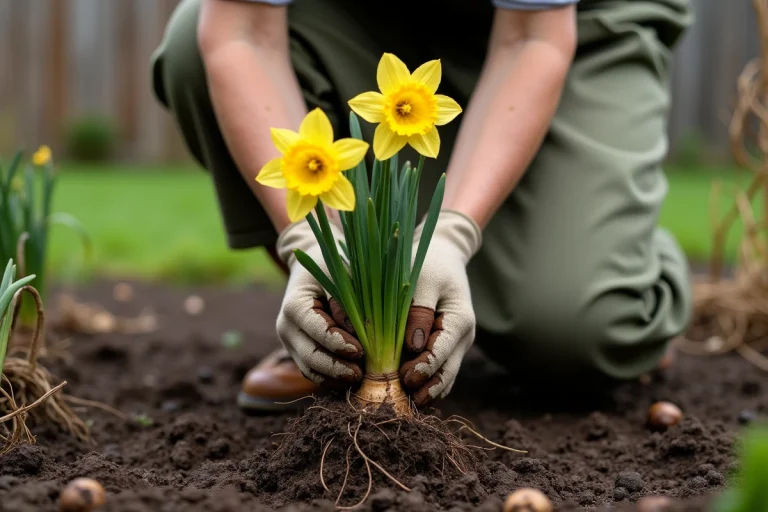 Femme de jardinage retirant des bulbes de jonquilles du sol après la floraison