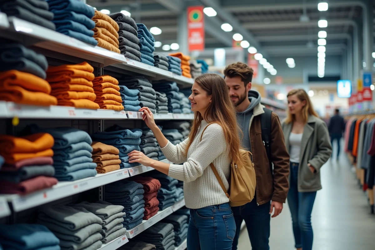 Groupe d'amis faisant les soldes dans un magasin allemand avec des étiquettes de réduction visibles sur les portants