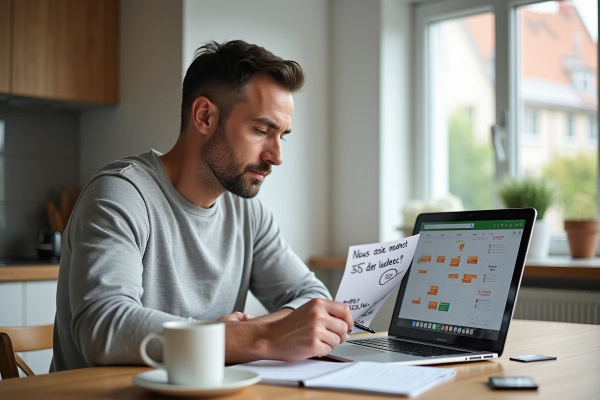 Homme planifiant ses achats pendant les soldes en Allemagne avec un calendrier et un ordinateur portable
