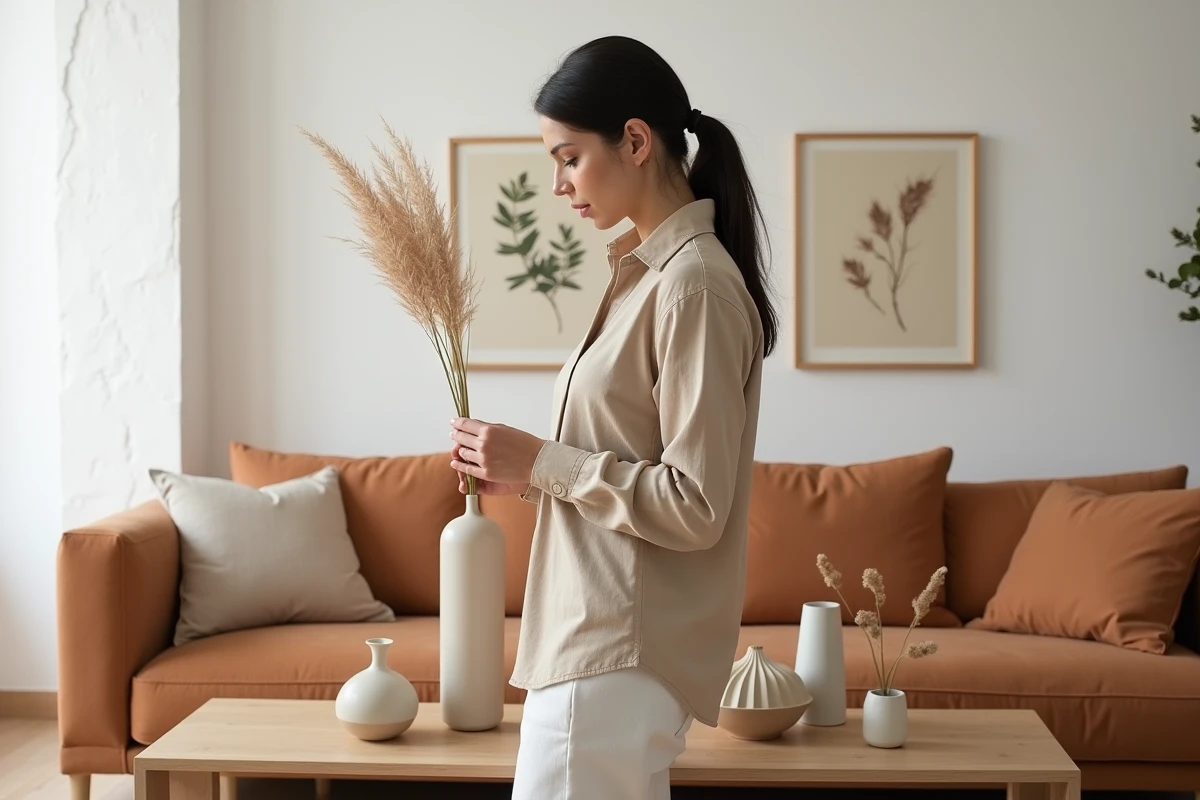 Femme arrangeant des vases en céramique et de l'herbe de pampa sur un buffet en chêne dans un salon contemporain au style déco tendance Maison Créa